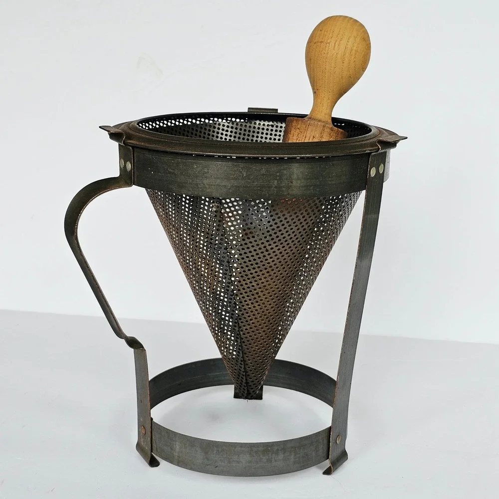 Vintage Metal Chinois Strainer Conical Sieve Stand Wood Pestle Primitive Rustic
